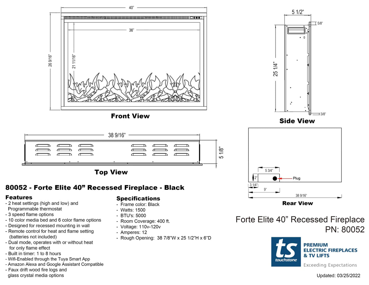 Sideline Elite Smart Forte 40 Inch Recessed Smart Electric Fireplace 80052