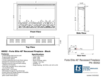 Sideline Elite Smart Forte 40 Inch Recessed Smart Electric Fireplace 80052