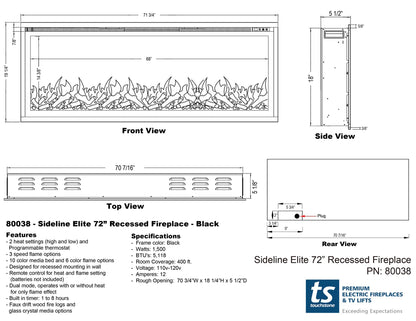 Sideline Elite 72 Inch Recessed Smart Electric Fireplace 80038