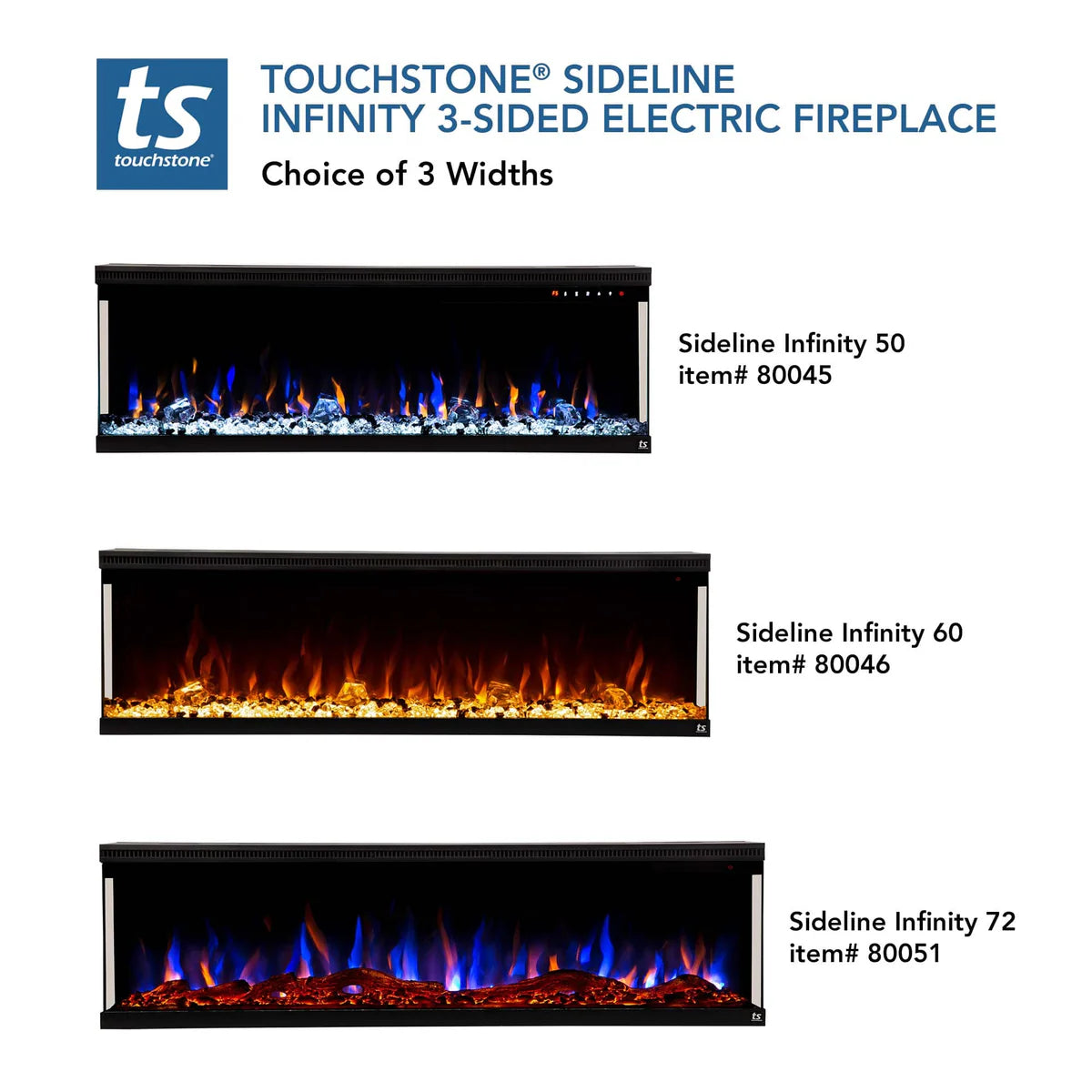 Sideline Infinity 72 Inch 3 Sided Recessed Smart Electric Fireplace 80051