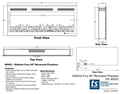 The Sideline Fury 46 Inch Recessed Smart Electric Fireplace 80053